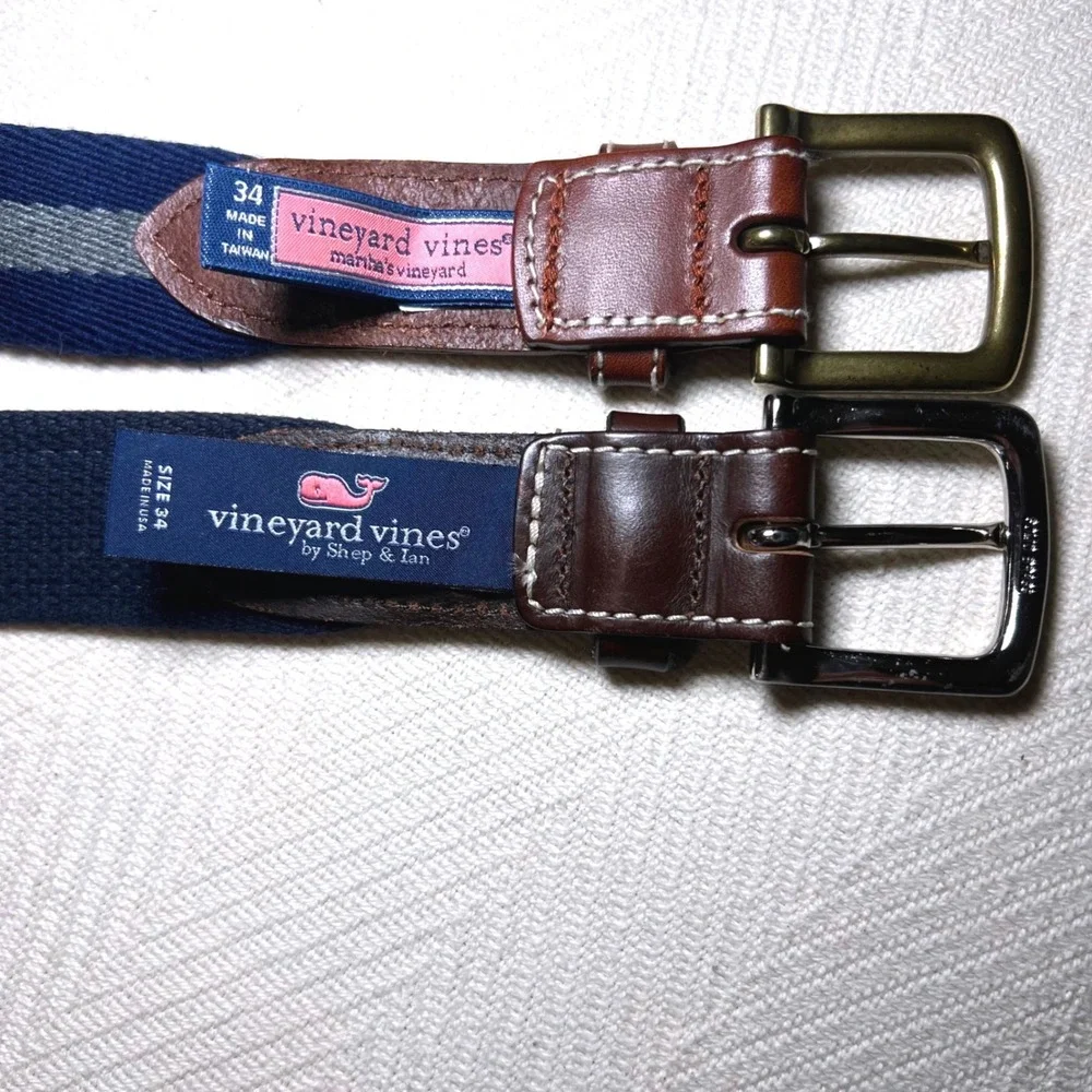 Set of 2 Vineyard Vines Mens Canvas Leather Belts Whale Striped Navy Blue 34